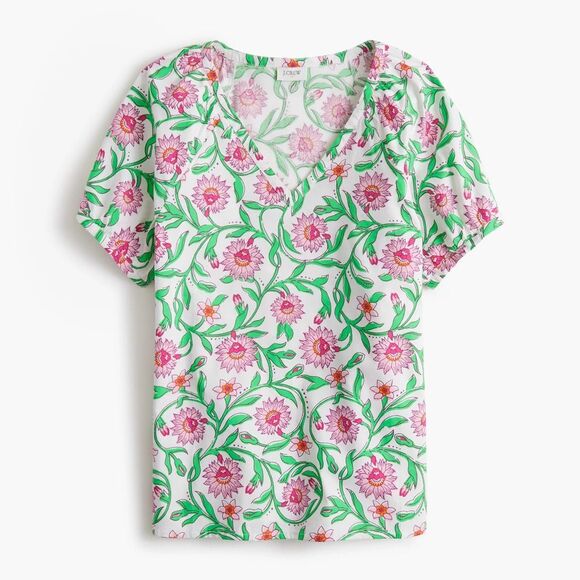 J. Crew Blouse Cotton poplin top Pink Green Floral White Lotus Bloom Medium M - Picture 1 of 14